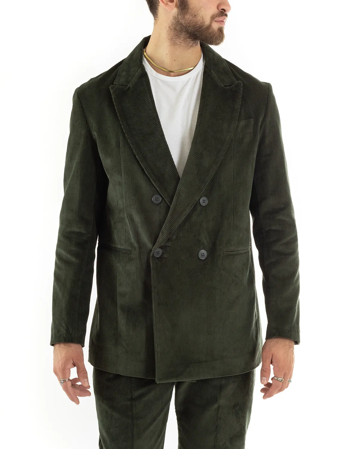 Abito Uomo Doppiopetto Vestito Velluto Completo Giacca Pantaloni Verde Elegante Cerimonia GIOSAL-OU2195A