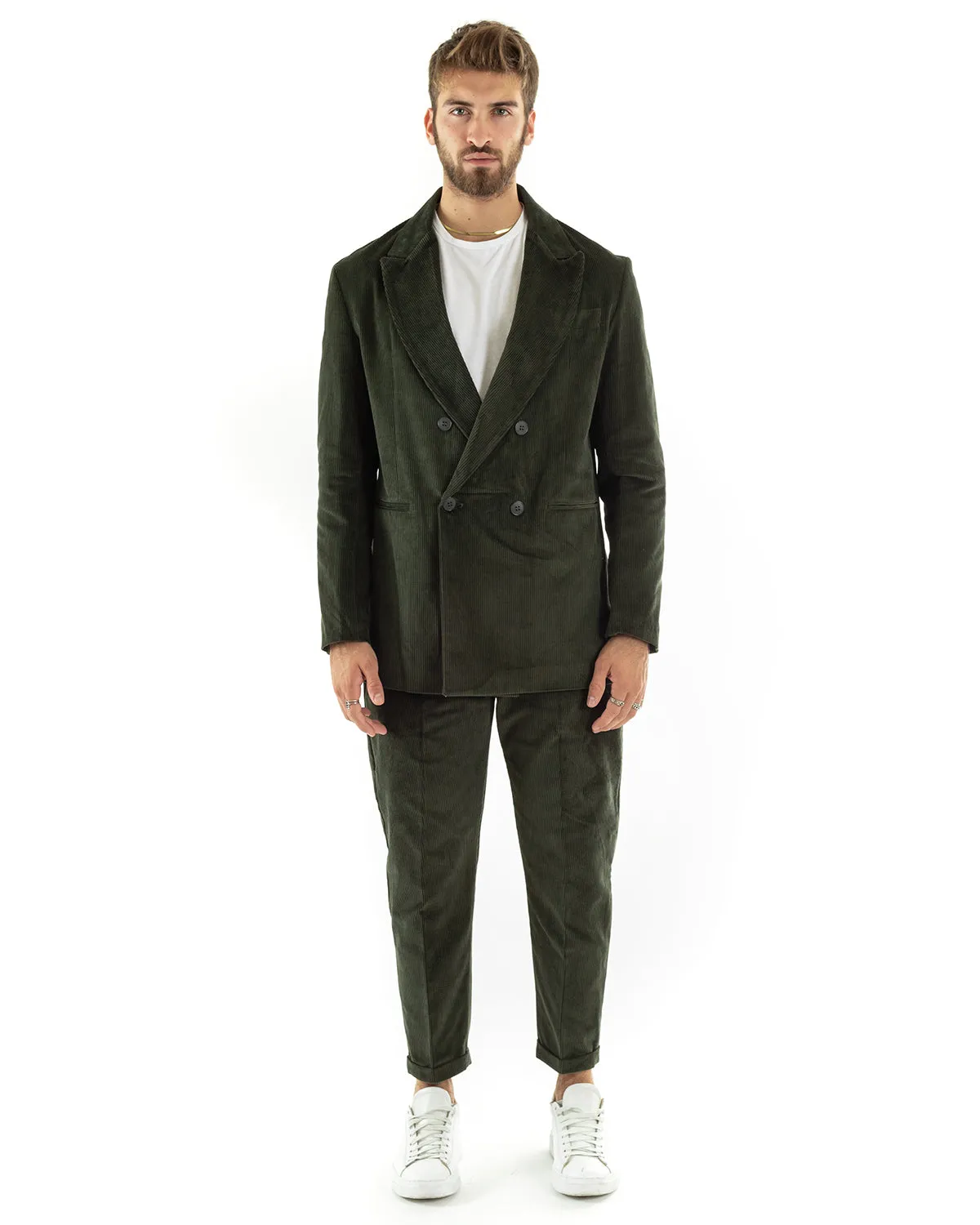 Abito Uomo Doppiopetto Vestito Velluto Completo Giacca Pantaloni Verde Elegante Cerimonia GIOSAL-OU2195A