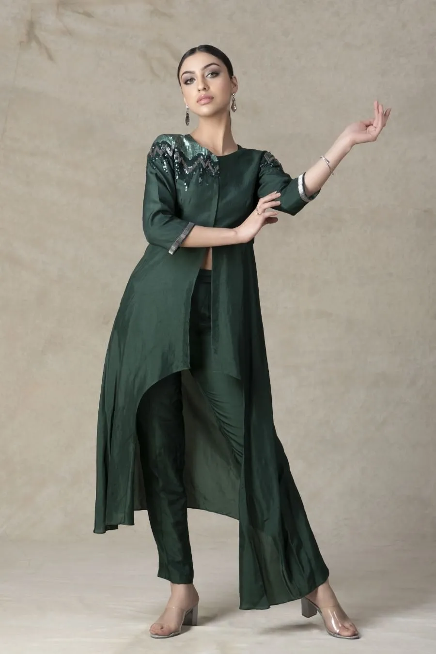 Asymmetrical Deep Green German Silk Kurta Pant Set