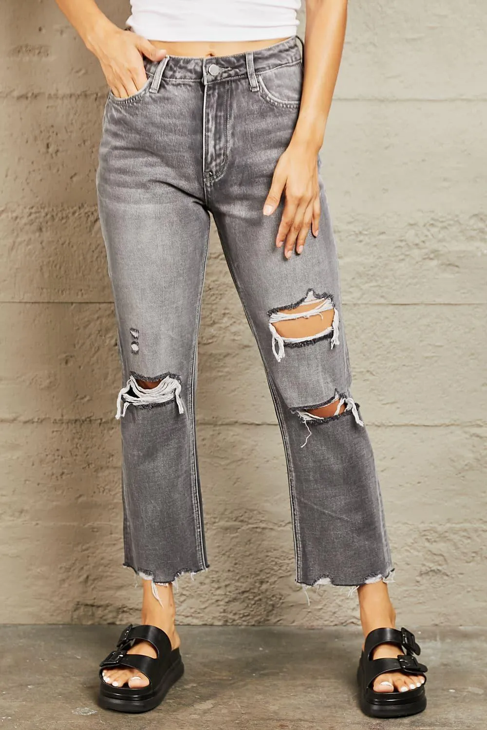 BAYEAS Mid Rise Distressed Cropped Dad Jeans, Heather Gray