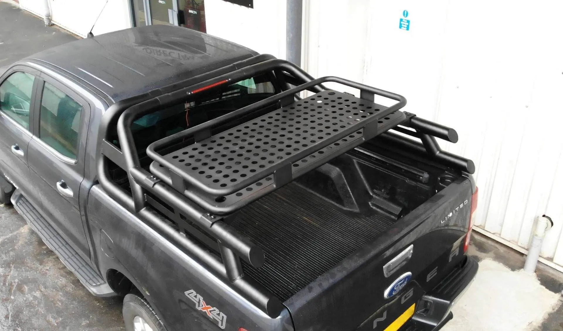 Black Long Arm Roll Sports Bar with Cargo Basket Rack for the Ford Ranger 2022 