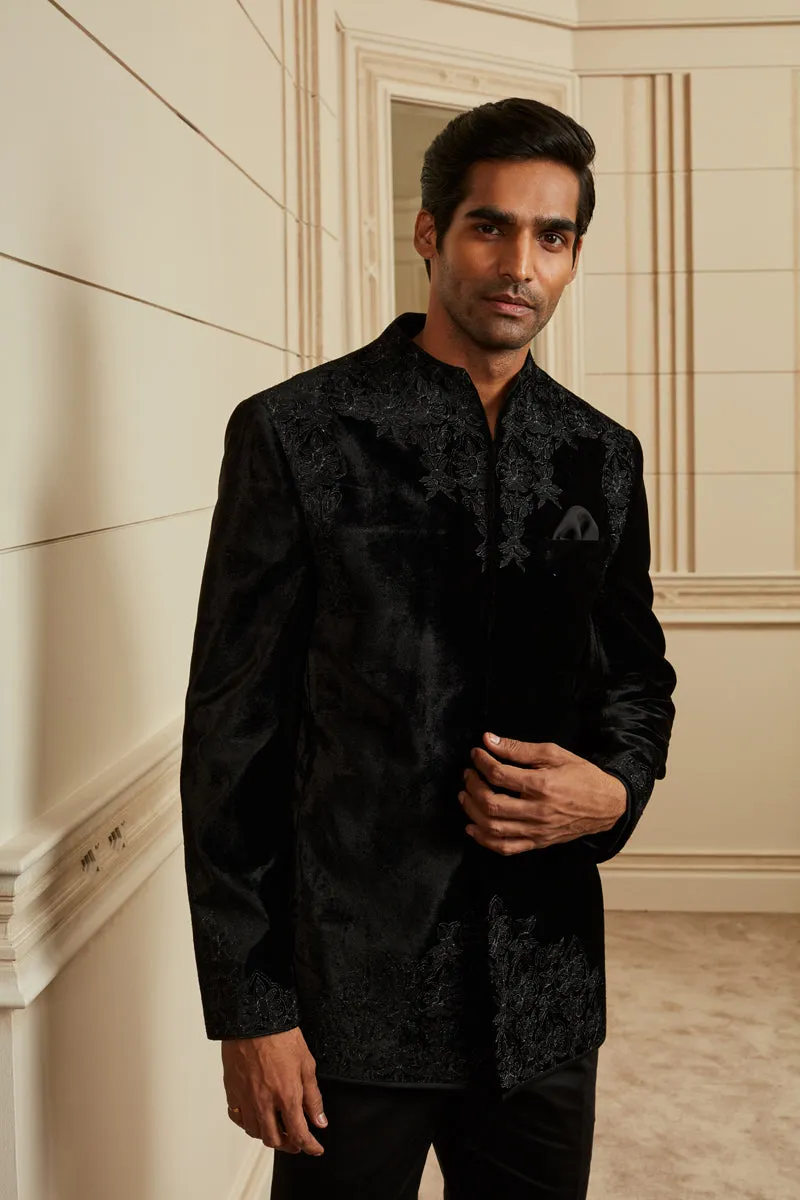 Black Velvet Embroidered Bandhgala