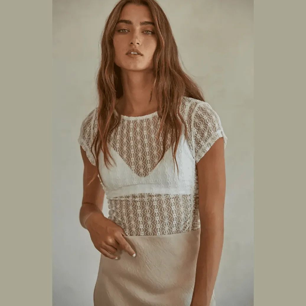 By Together Lace Side Ruched Short Sleeve Top in Ivory