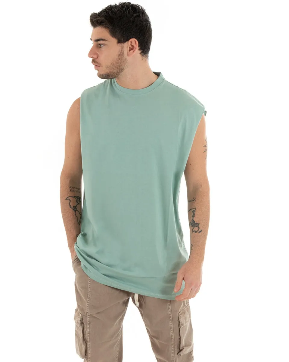 Canotta Uomo Basic Giromanica Lunga Casual Tinta Unita Verde Acqua Girocollo GIOSAL-CN1077A