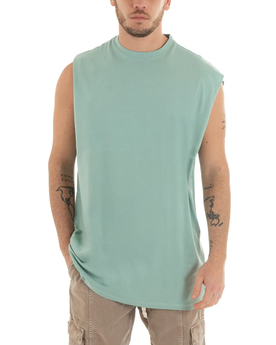 Canotta Uomo Basic Giromanica Lunga Casual Tinta Unita Verde Acqua Girocollo GIOSAL-CN1077A