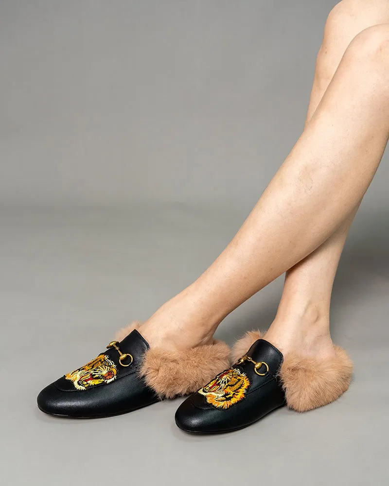 Casual Buckle Furry Embroidery Mules Slippers