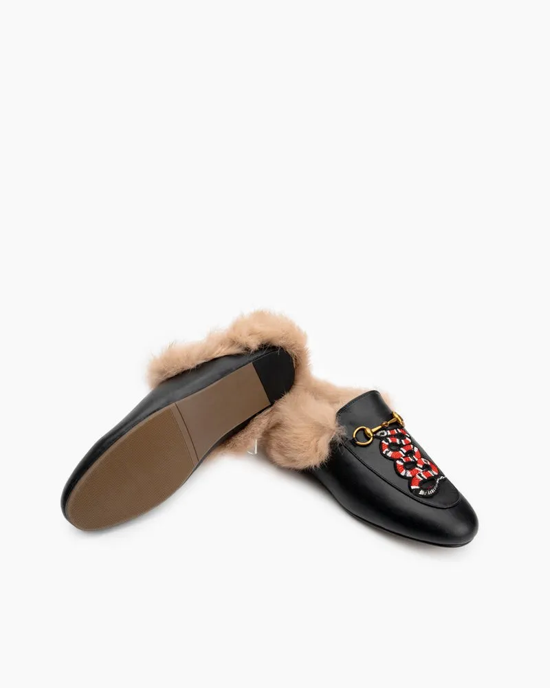 Casual Buckle Furry Embroidery Mules Slippers