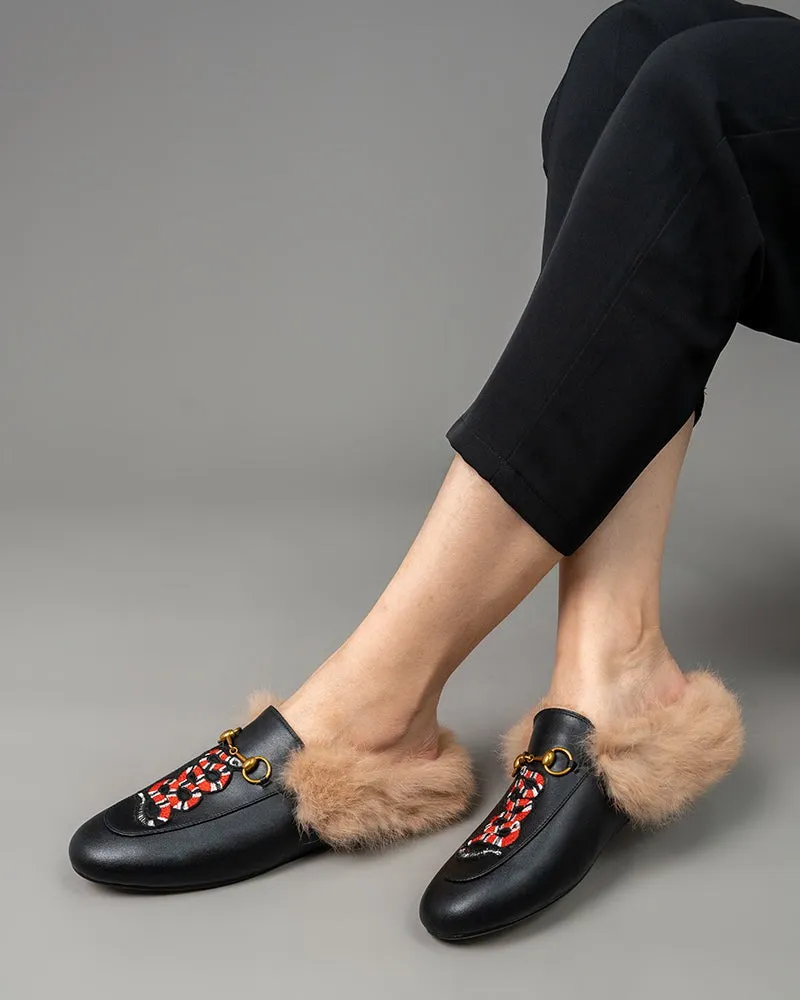 Casual Buckle Furry Embroidery Mules Slippers