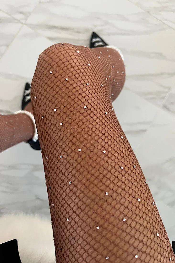 Coffee Rhinestone Fishnet Tights