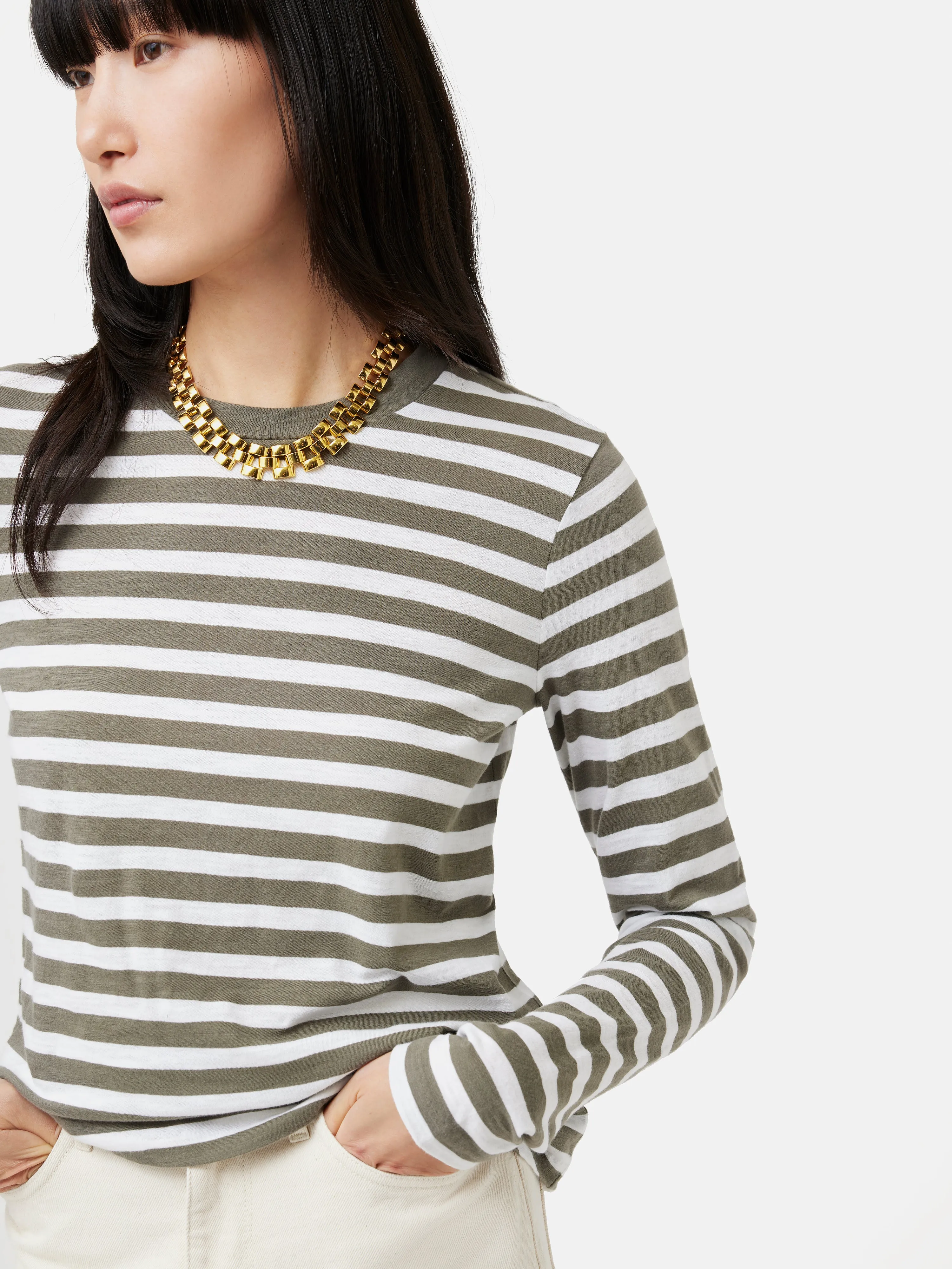 Cotton Slub Stripe Long Sleeve Tee | Khaki