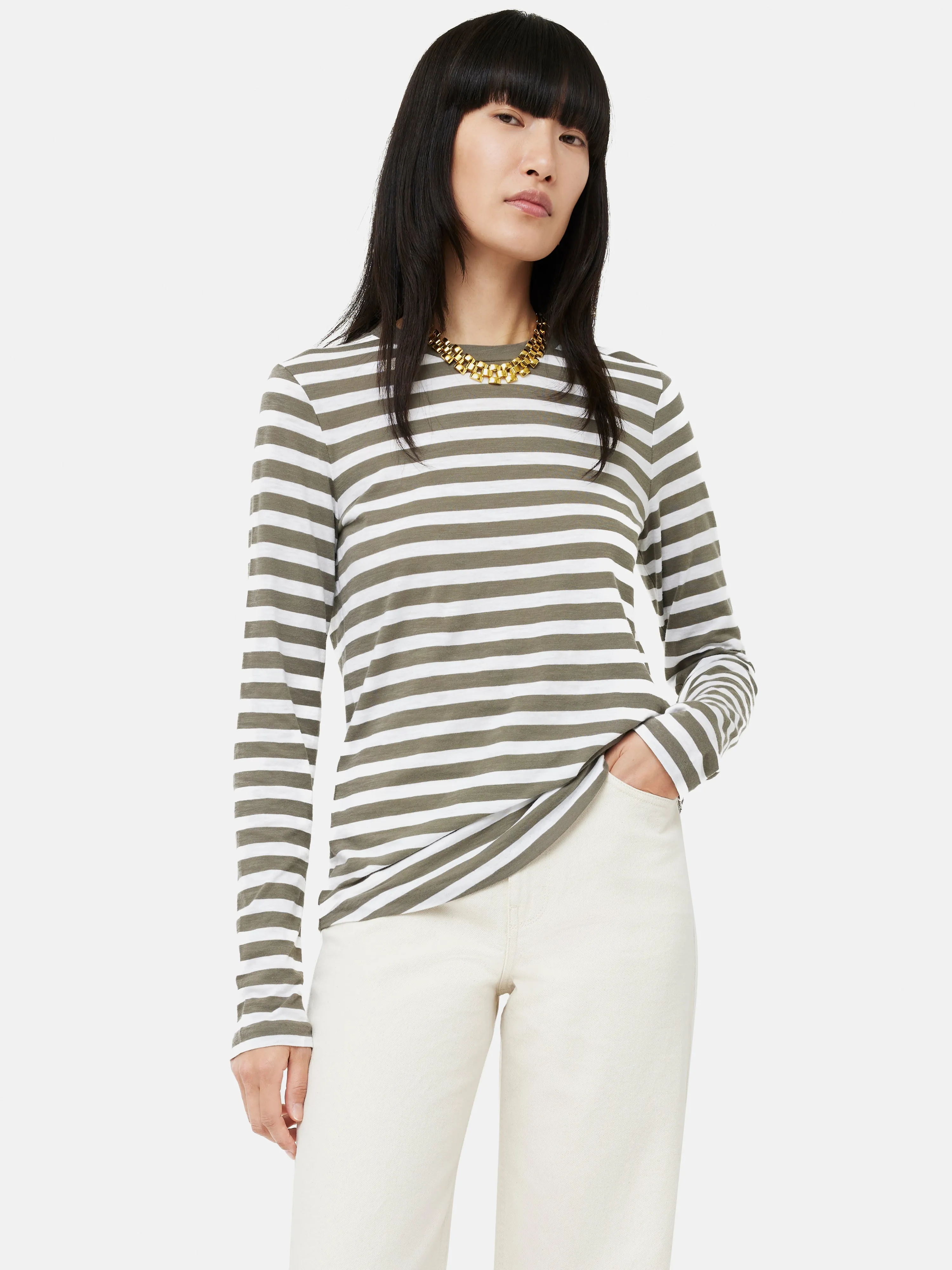 Cotton Slub Stripe Long Sleeve Tee | Khaki