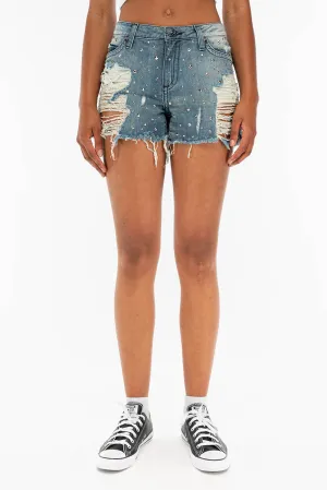 DESTROYED DENIM SHORTS WITH CRYSTALS AND STUDS IN BLUE