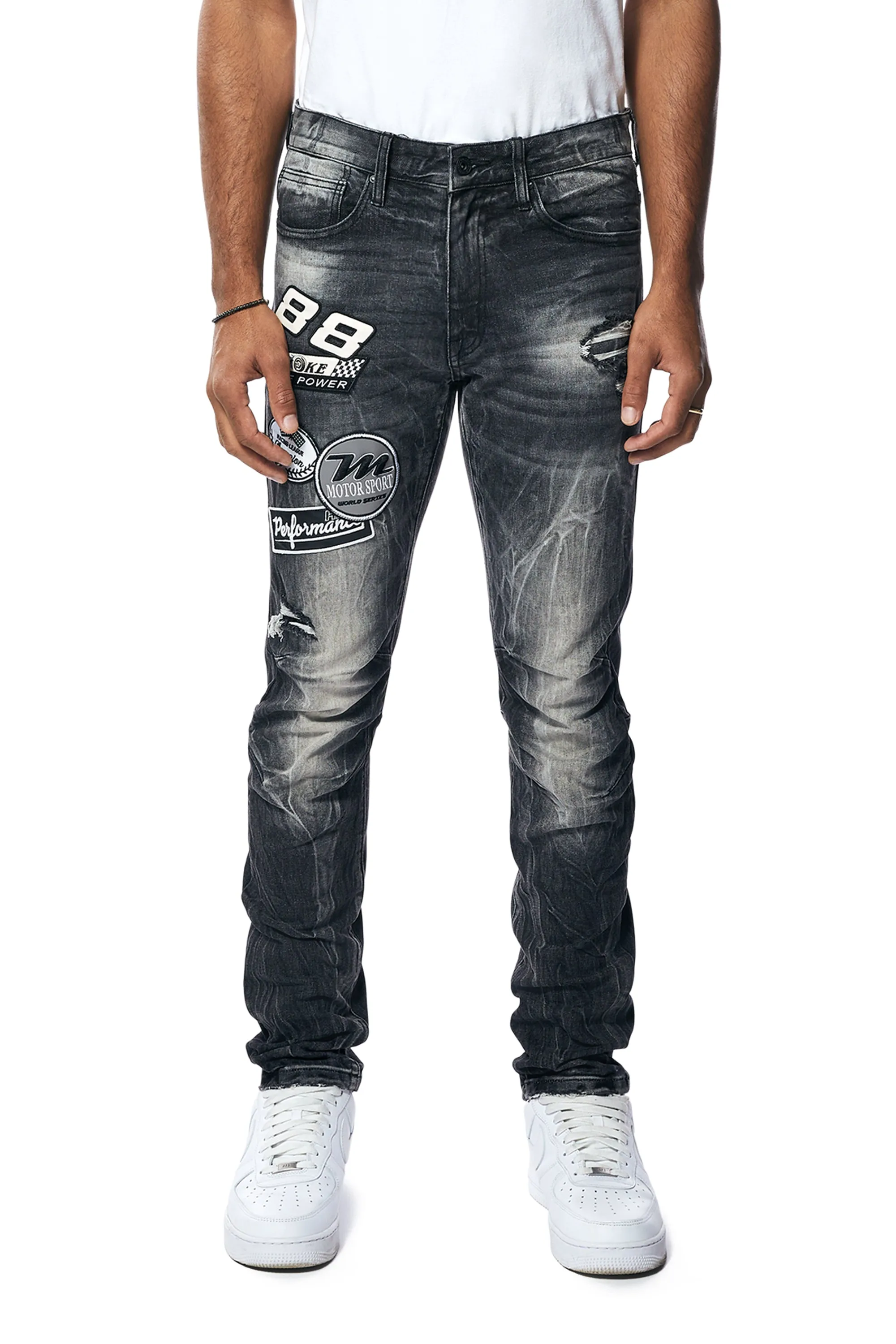 Embroidered Patched Racing Denim Jeans - Moon Black