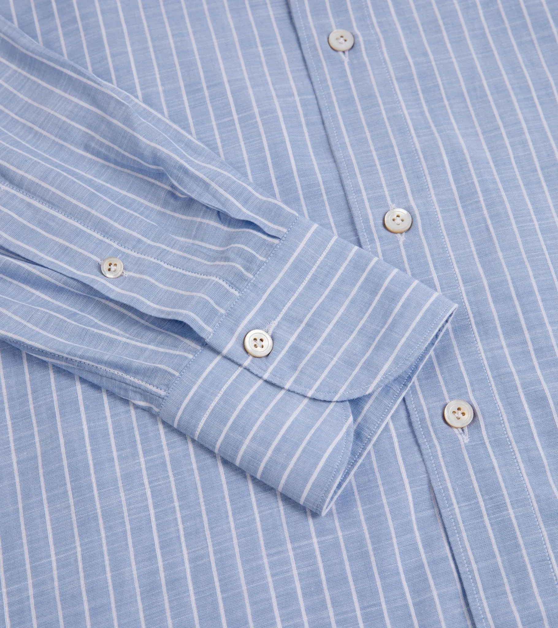 Finamore Gaeta Cotton Linen Butcher Stripe Luigi Sport Shirt: Blue/White