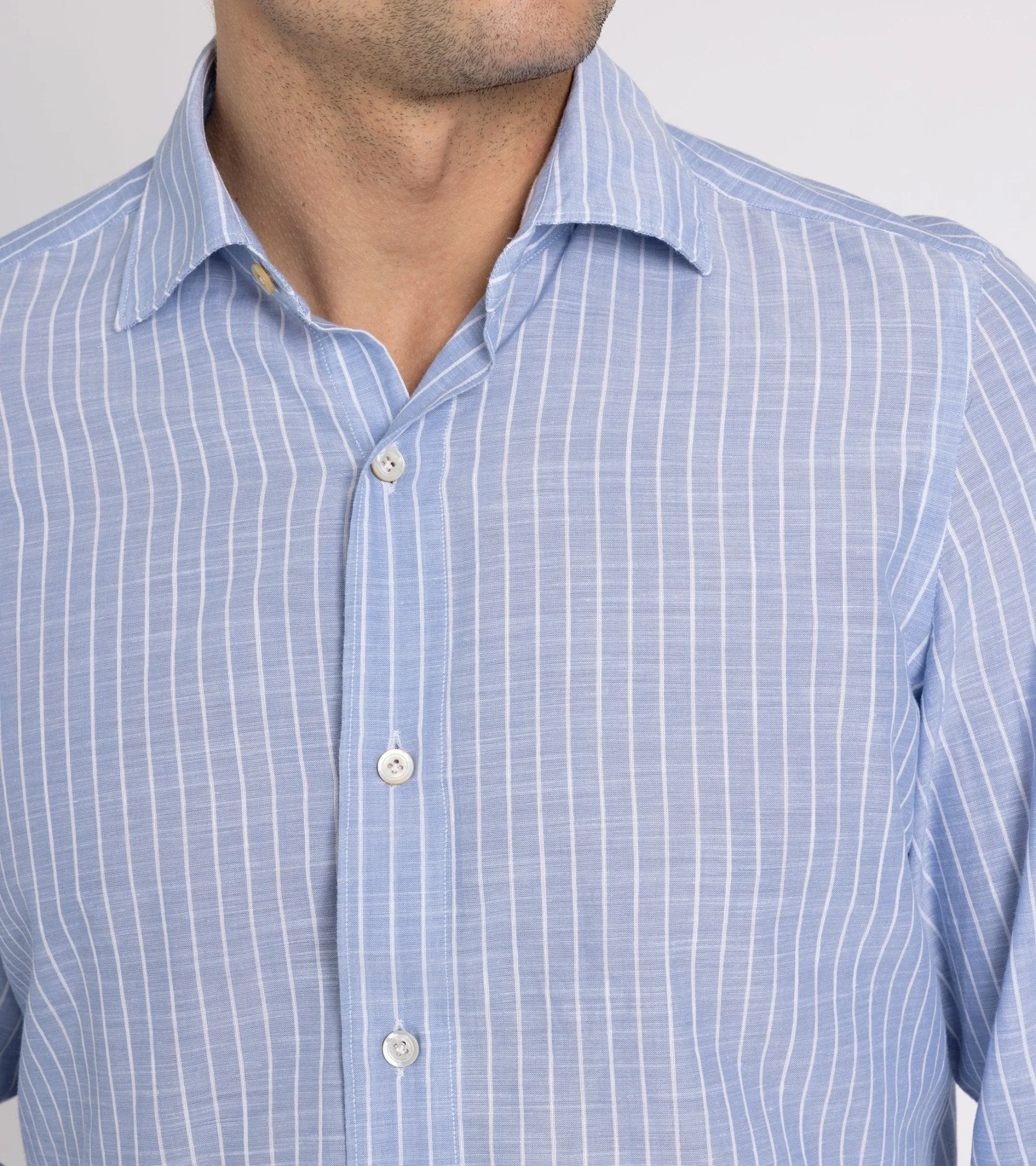 Finamore Gaeta Cotton Linen Butcher Stripe Luigi Sport Shirt: Blue/White