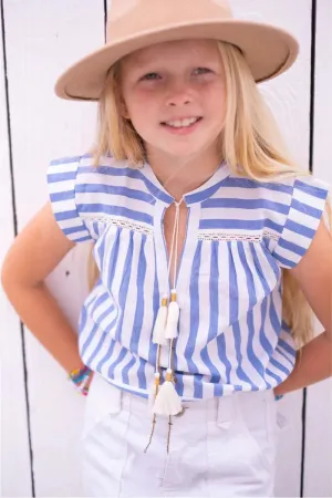 Girls Blue and White Striped Top