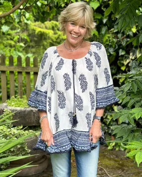 Leaf Printed Frilled Top - Cream/Navy