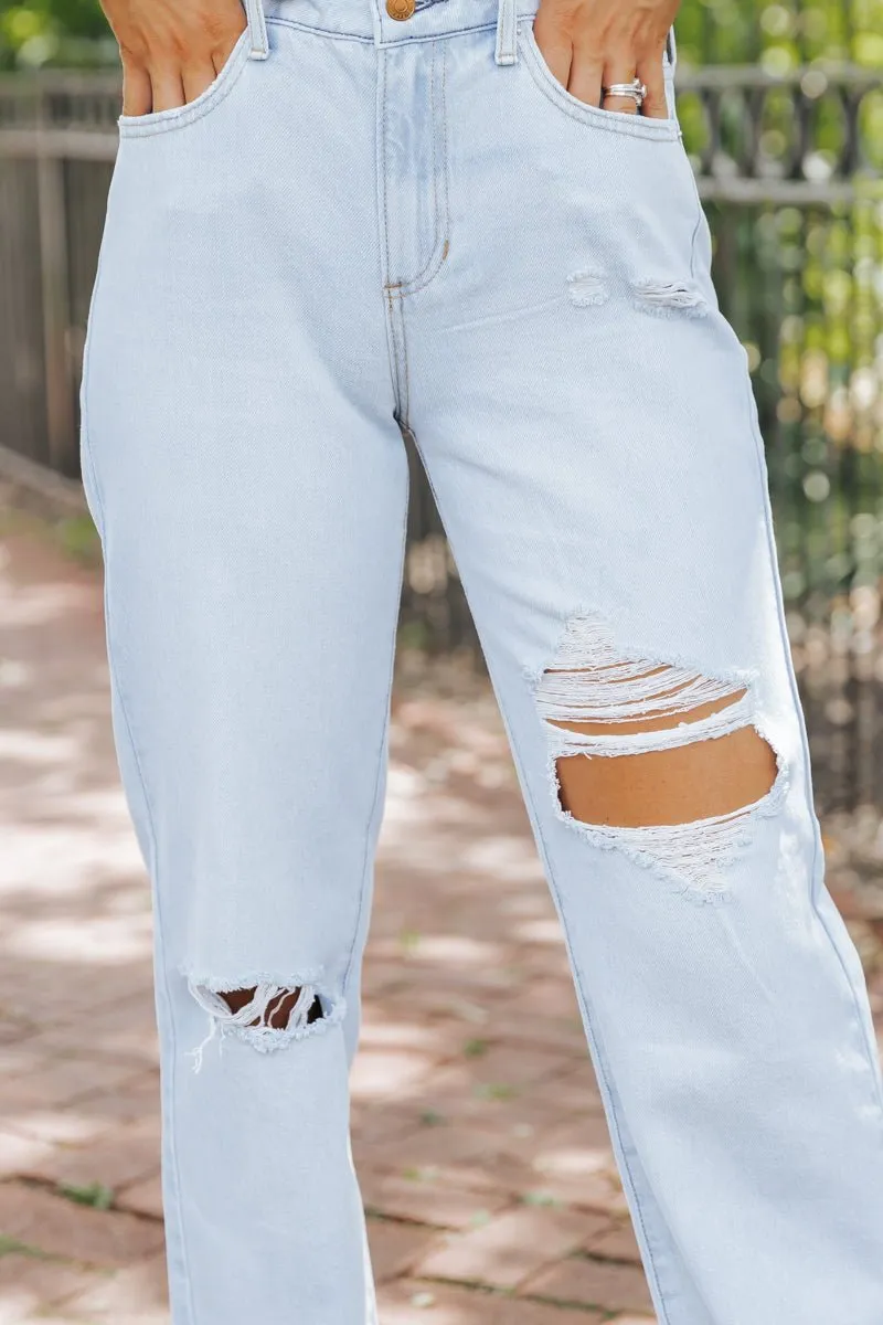 Light Wash Distressed Straight Leg Jeans