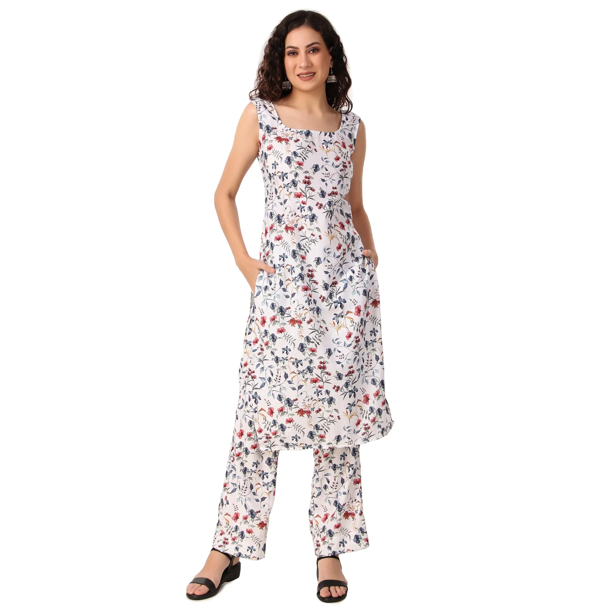 Magnetism white Rayon Floral Print Kurti with Pant (Customise)