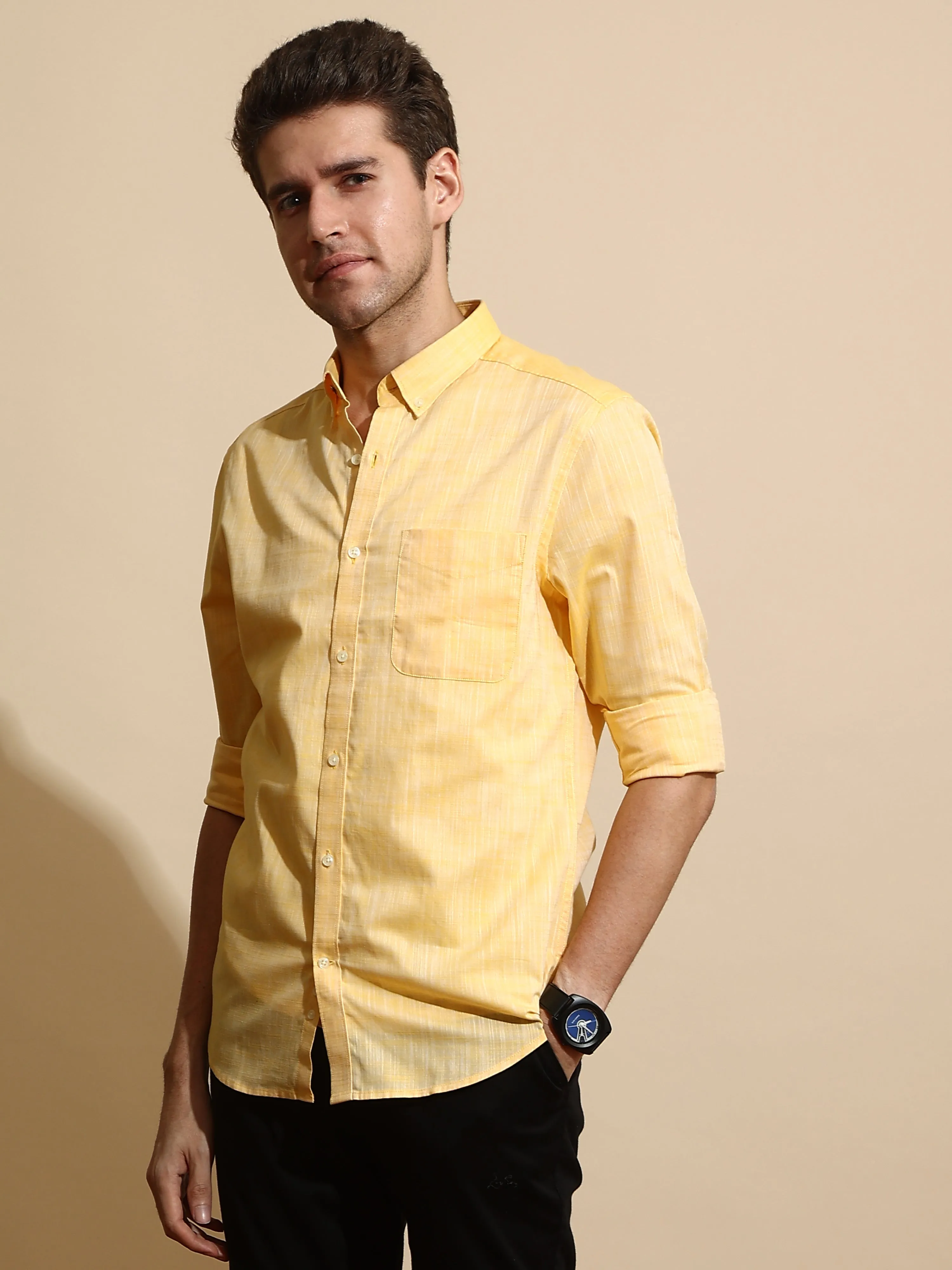 Optimized Title: Stylish Mango Yellow Semi-Casual Shirt for Men