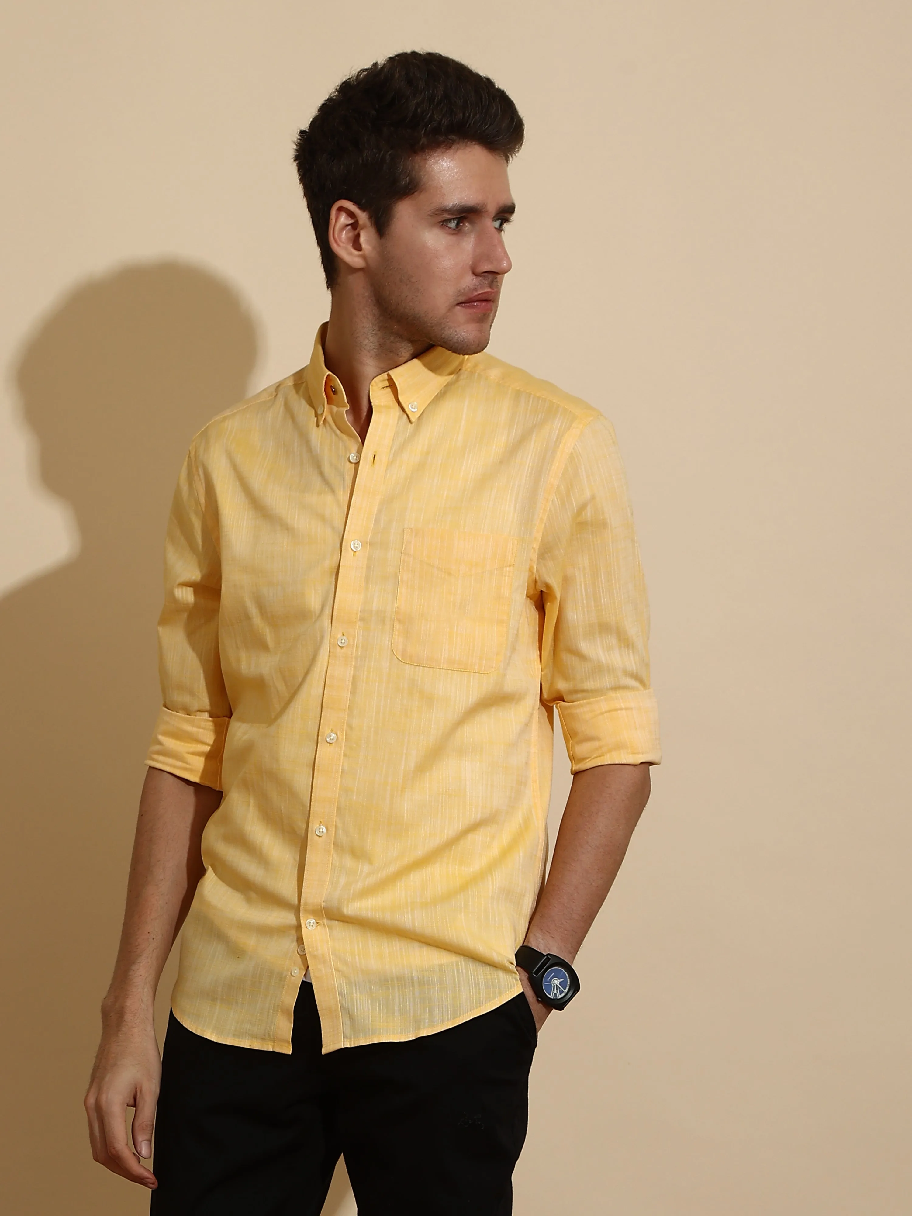 Optimized Title: Stylish Mango Yellow Semi-Casual Shirt for Men