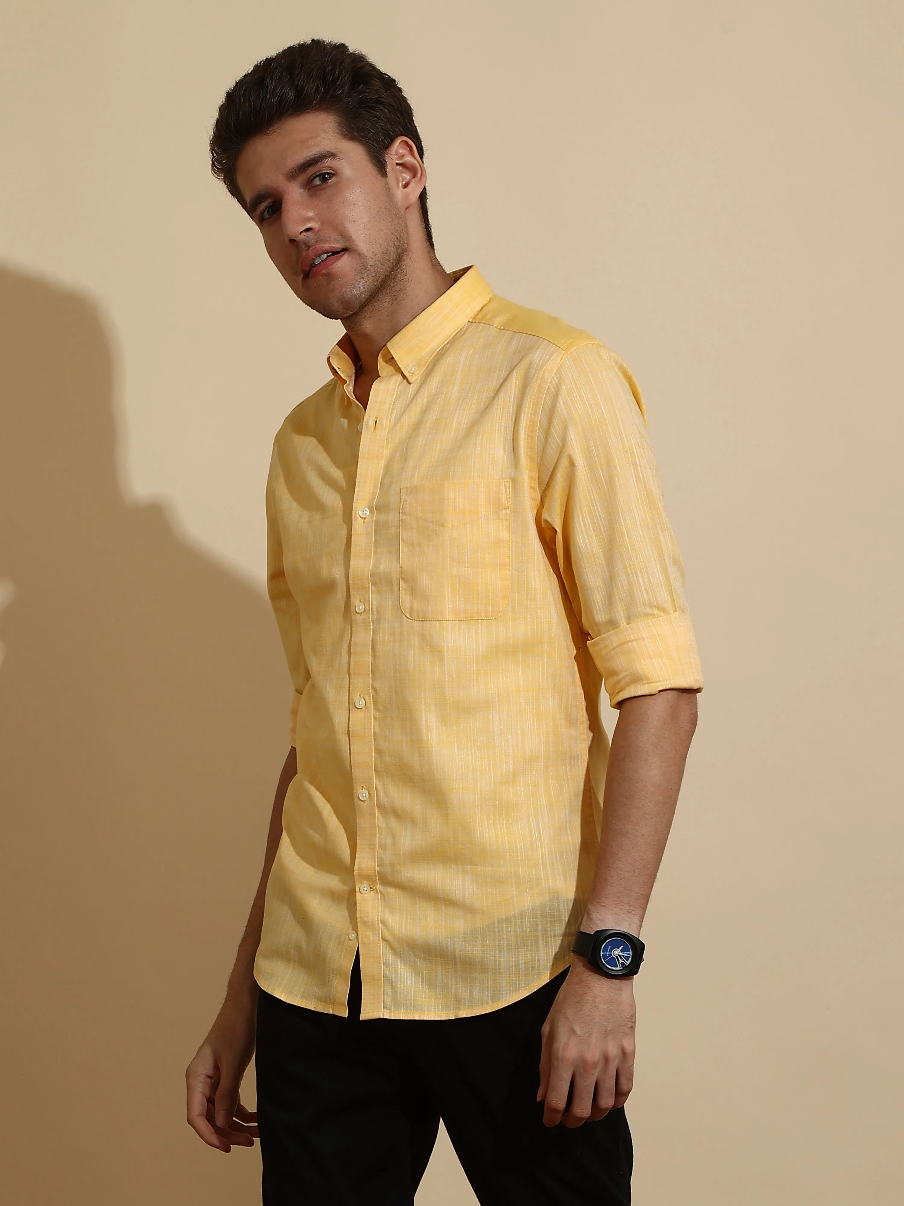 Optimized Title: Stylish Mango Yellow Semi-Casual Shirt for Men