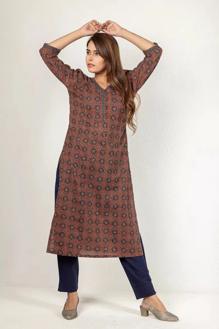 Maroon & Blue Hand Block Bagru Print Kurta