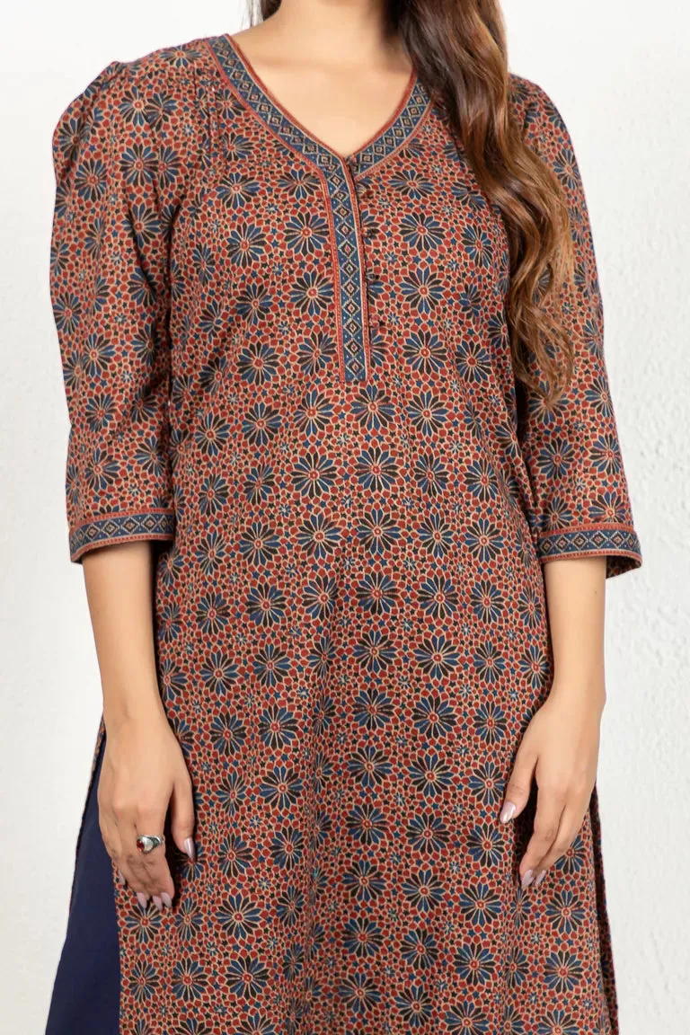 Maroon & Blue Hand Block Bagru Print Kurta