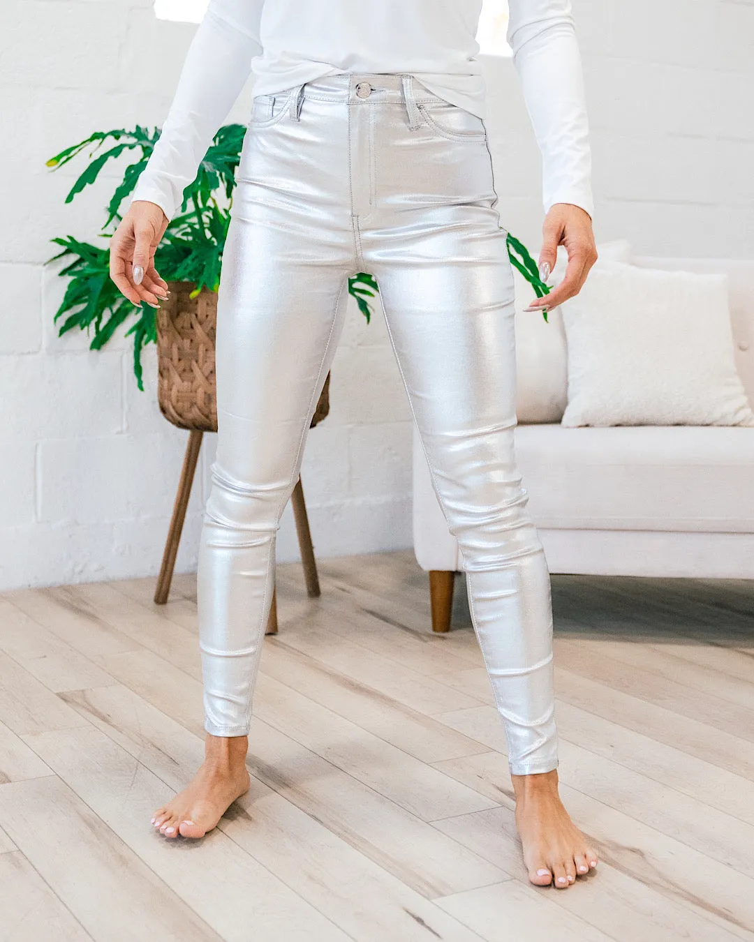 Metallic Skinny Jeans - Silver