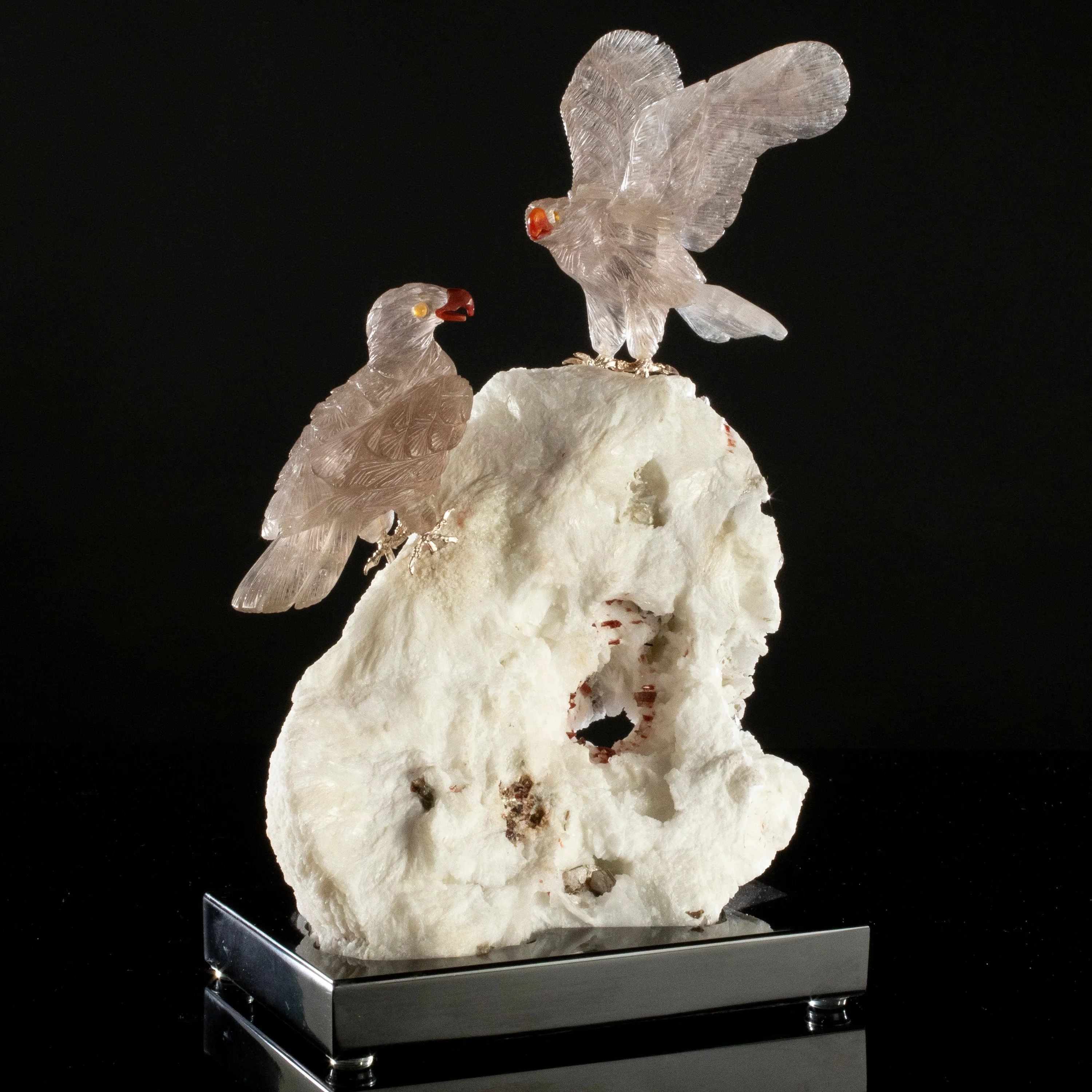 Peter Muller Smoky Quartz Eagle Pair Love Birds Carving on Mica & Tourmaline Base