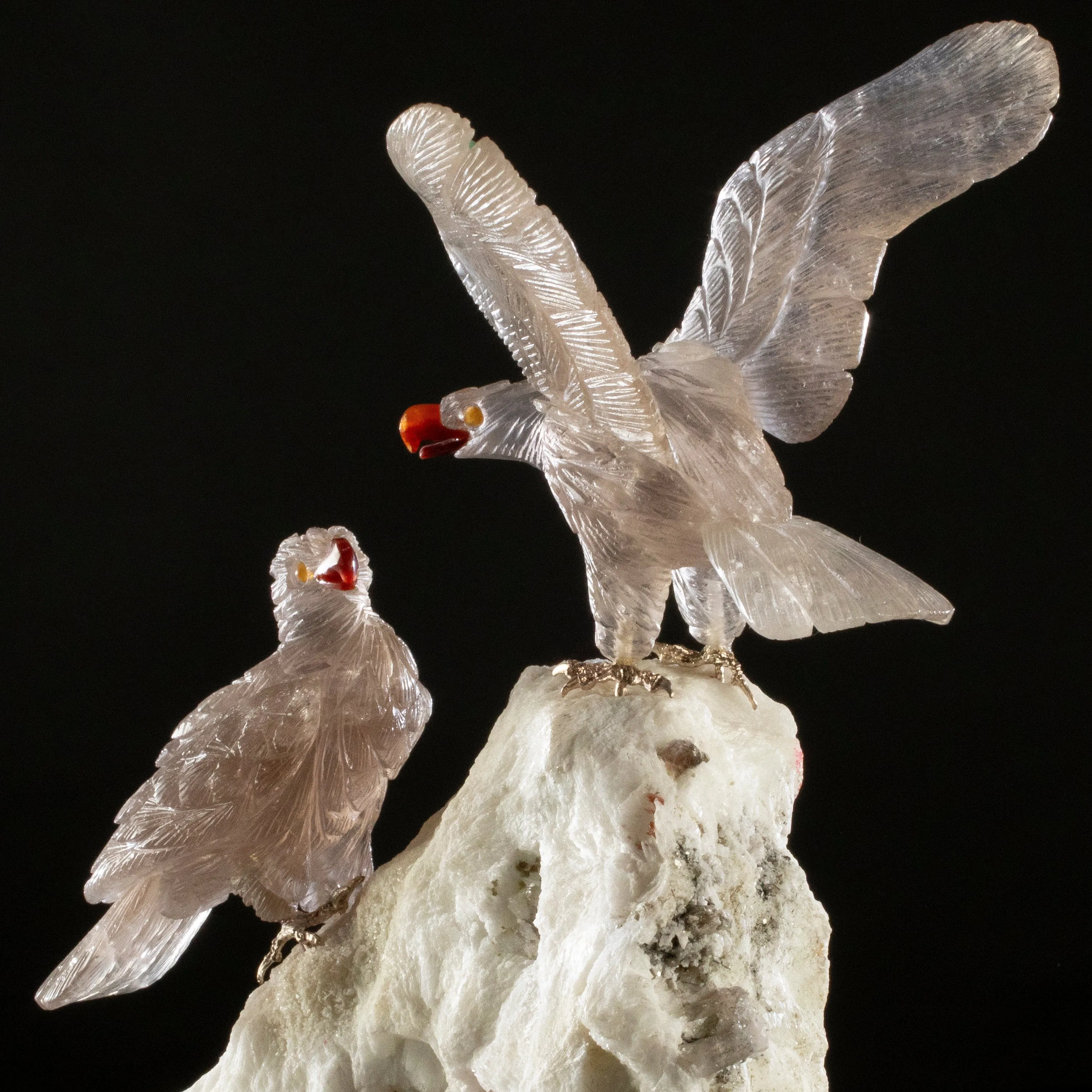 Peter Muller Smoky Quartz Eagle Pair Love Birds Carving on Mica & Tourmaline Base