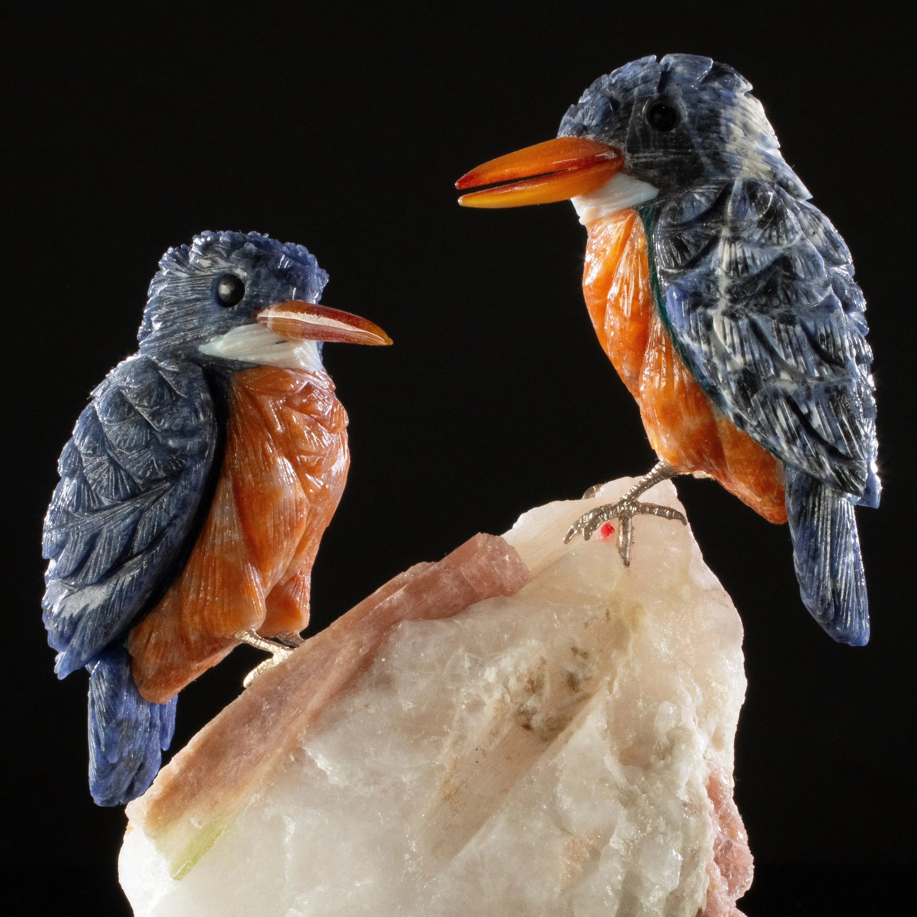 Peter Mullers Kingfisher Love Birds Sodalite Statue, Belted Design on Tourmaline Base