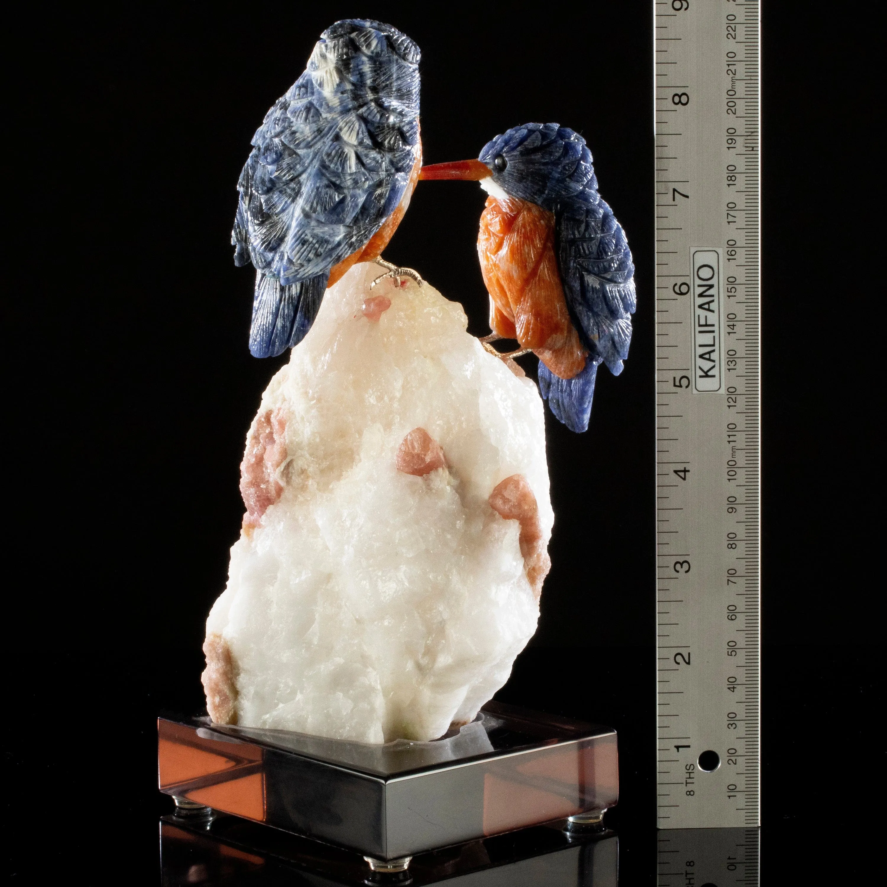 Peter Mullers Kingfisher Love Birds Sodalite Statue, Belted Design on Tourmaline Base