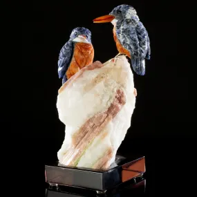 Peter Mullers Kingfisher Love Birds Sodalite Statue, Belted Design on Tourmaline Base