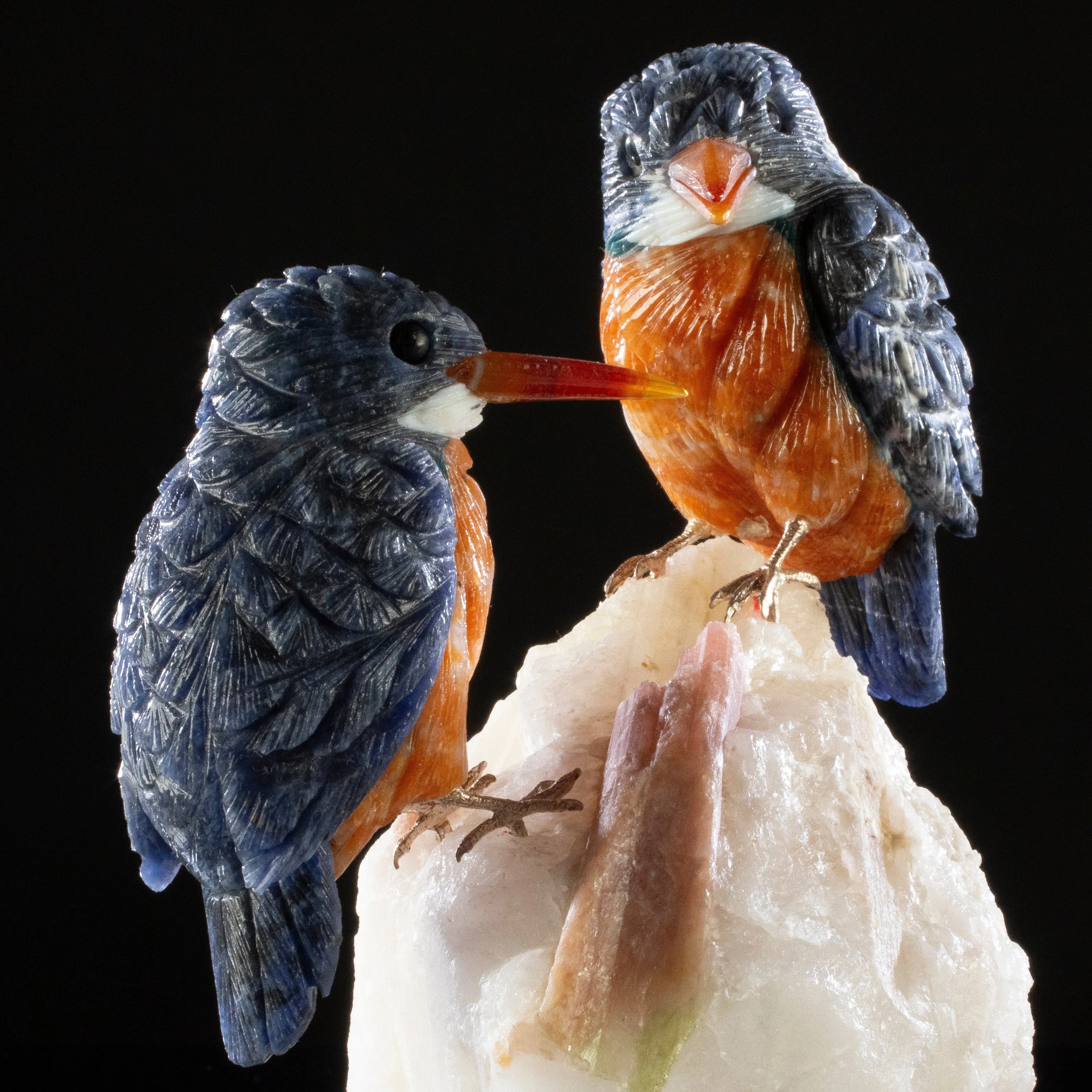 Peter Mullers Kingfisher Love Birds Sodalite Statue, Belted Design on Tourmaline Base