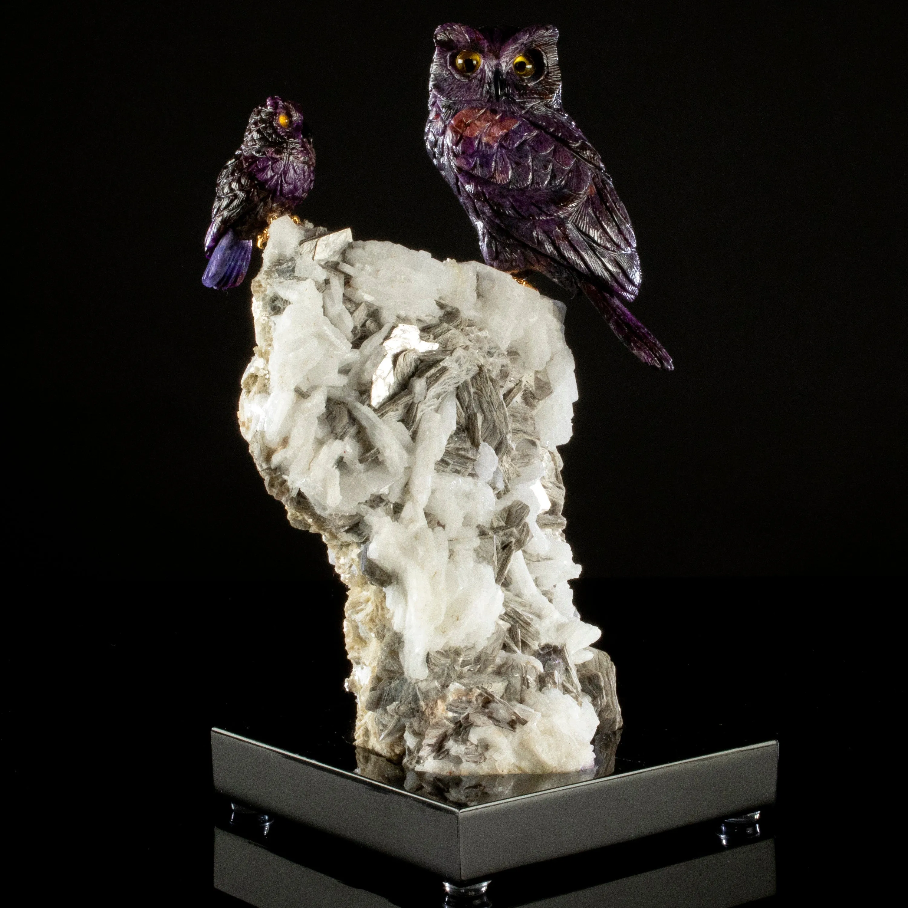 Peter Muller Sugilite Owl Pair Love Birds Carving on Albite & Mica Base