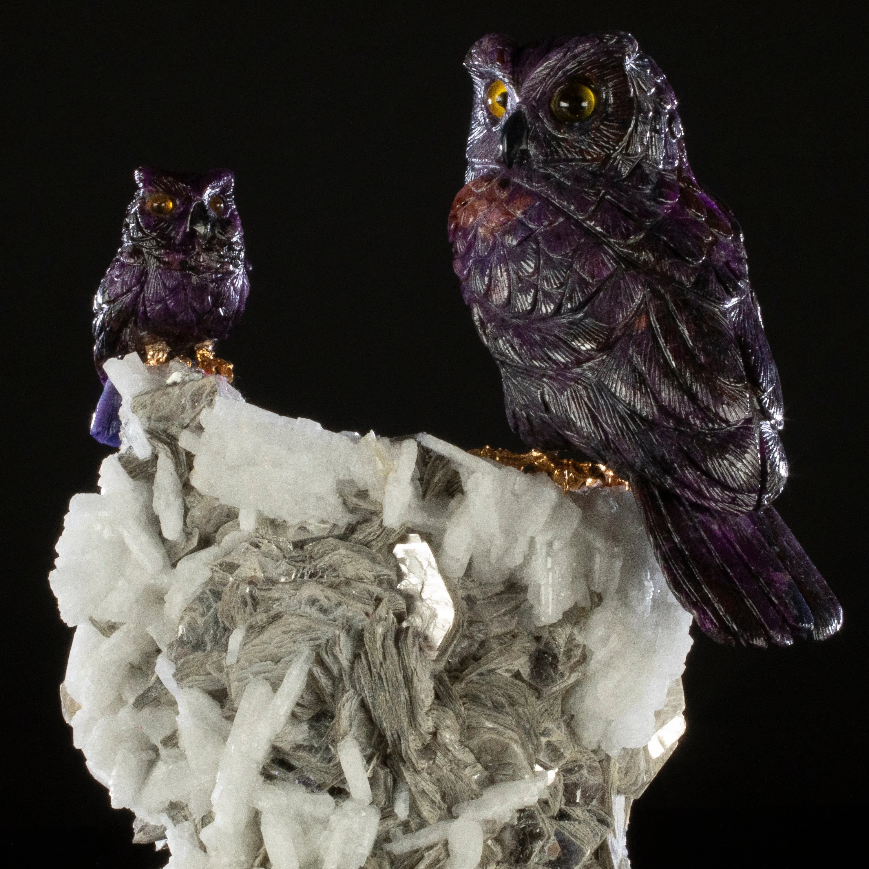 Peter Muller Sugilite Owl Pair Love Birds Carving on Albite & Mica Base