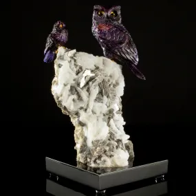 Peter Muller Sugilite Owl Pair Love Birds Carving on Albite & Mica Base