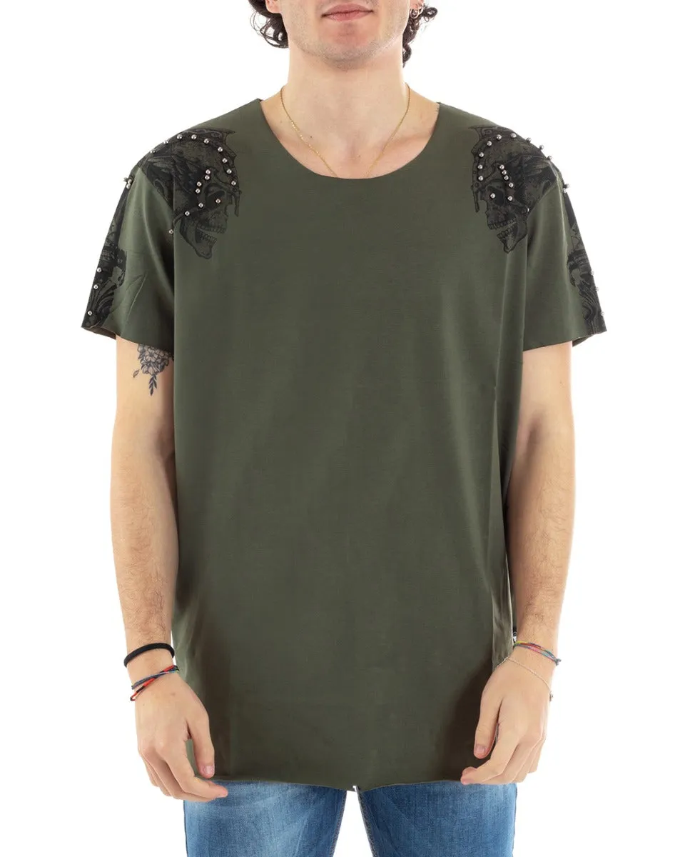 T-Shirt Uomo Mezza Manica Verde Militare Teschio Laterale Borchie Girocollo Casual Slim Tinta Unita GIOSAL