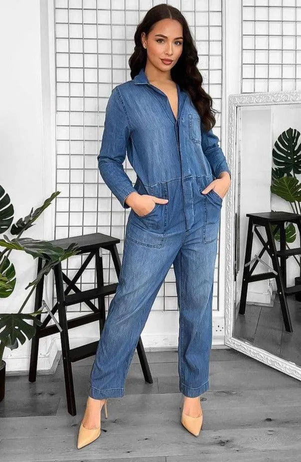 Washed Faded Denim Smart Collar Jumpsuit