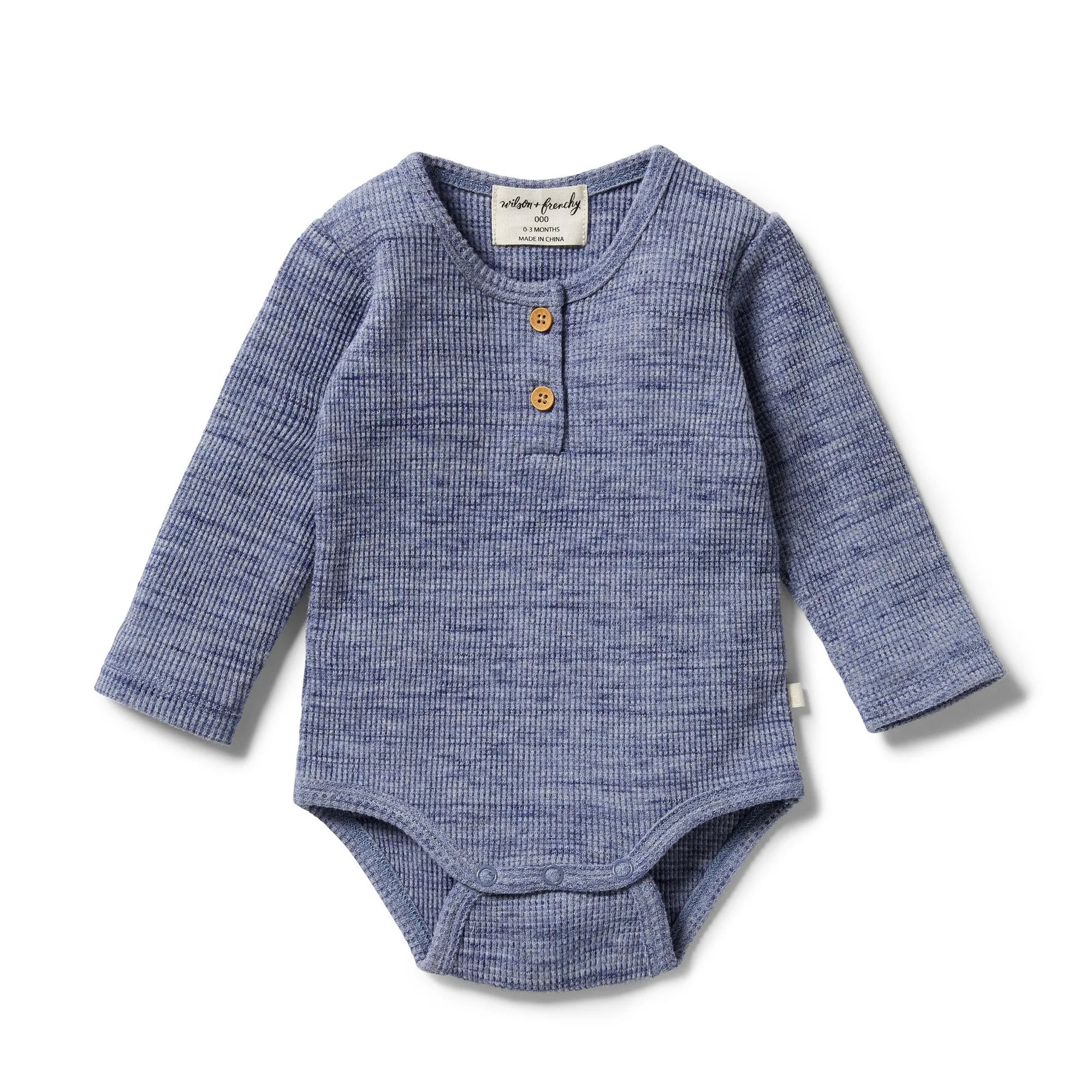 Wilson & Frenchy Organic Waffle Henley Bodysuit - Blue Fleck