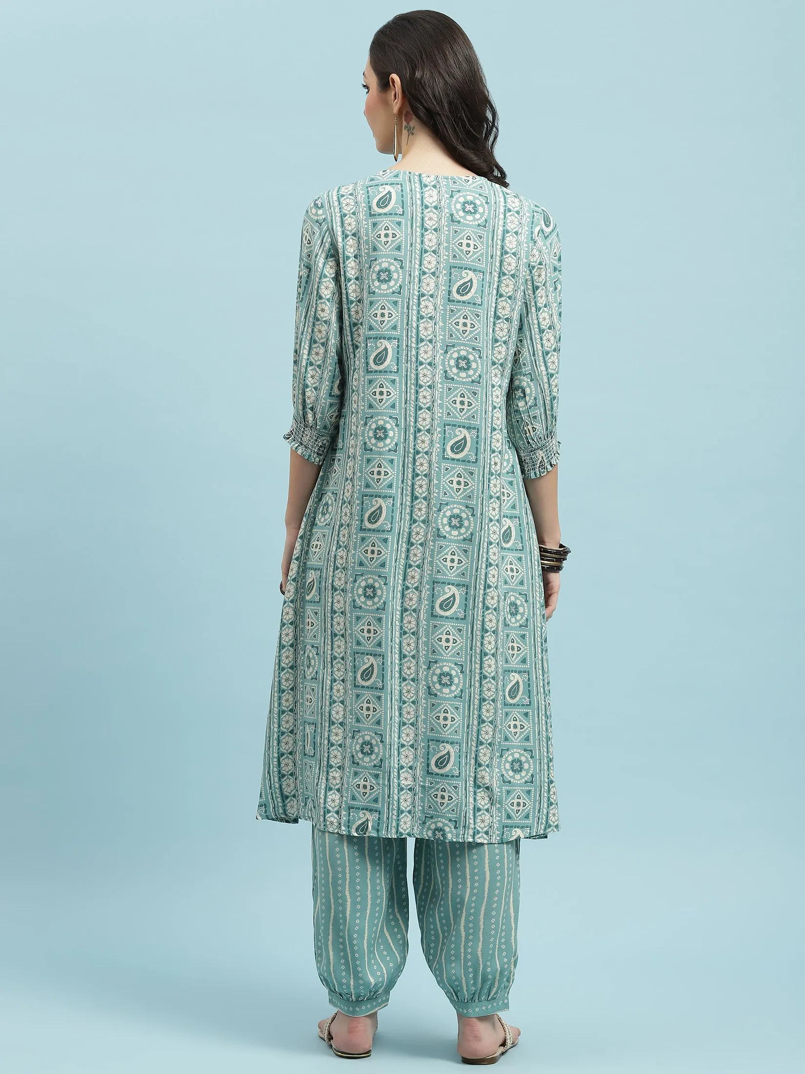 Women Blue Abstract Printed Kurta With Harem Pant