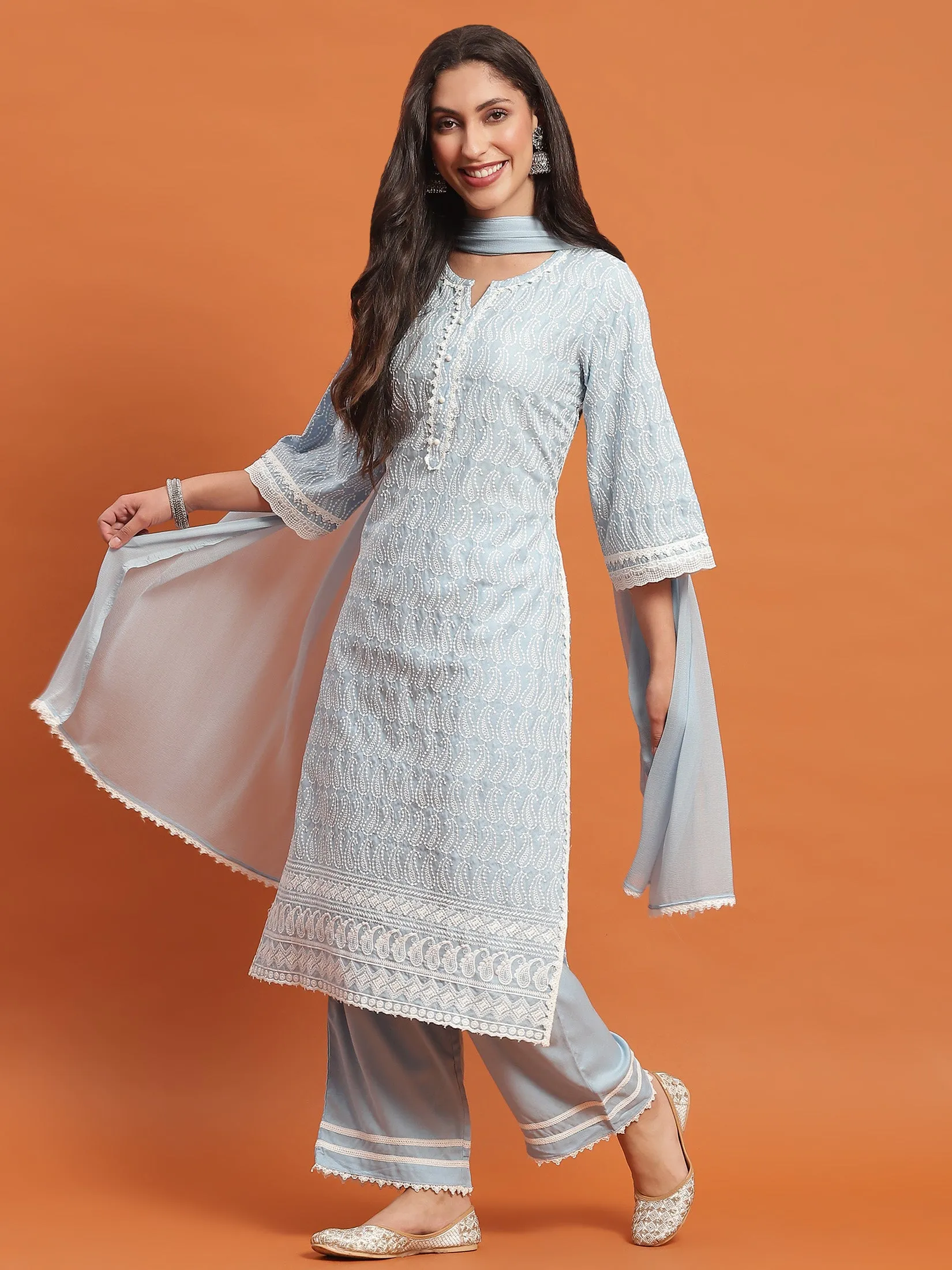 Women Blue Embroidered Kurta Comfort Pant Dupatta