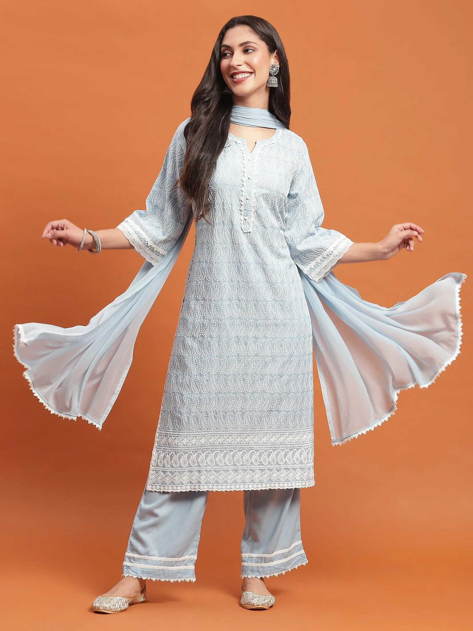 Women Blue Embroidered Kurta Comfort Pant Dupatta